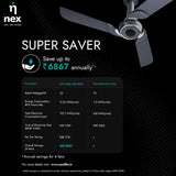 Advertisement for Nex ceiling fan with savings information on a black background