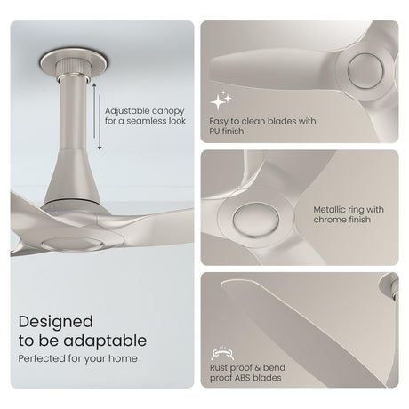 Ceiling fan with features highlighted on a white background