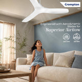A woman sits on a cream sofa in a modern living room while a white Crompton ceiling fan blows air toward her. The room has a blue accent wall with product text and Crompton branding.