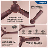 A composite marketing graphic for a Crompton fan in a muted rose-gold/brown metallic finish. The layout shows multiple close-up product views with text callouts including 'The Serenity of a Graceful Carousel Rotating Steadily,' 'Anti Corrosive Blade and Body,' 'Anti-Dust Fan,' and 'Wider Blades,' plus feature icons for airflow, speed, and power.