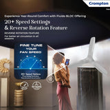 Crompton fan product advertisement showing a white three-blade fan on a pillar, a woman holding a phone in a modern interior, and promotional text highlighting 20+ speed settings and reverse rotation feature.