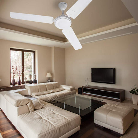 A white ceiling fan in living room 