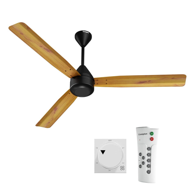 this Crompton Ceiling fan Groove regmote comes in Light Pine Wood colour with remote and regulator controlled . 