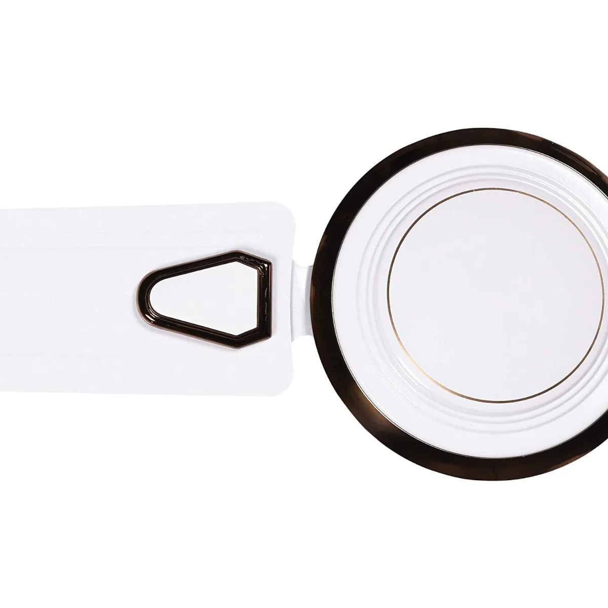 Round white plate with black rim on a white background