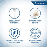 Crompton air conditioner features with icons and text on a light blue background