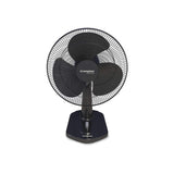 A black Crompton G1100 pedestal fan with a wire safety grille, three black blades, and a matching black base, shown against a plain white background.