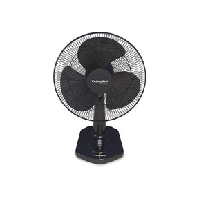 A black Crompton G1100 pedestal fan with a wire safety grille, three black blades, and a matching black base, shown against a plain white background.