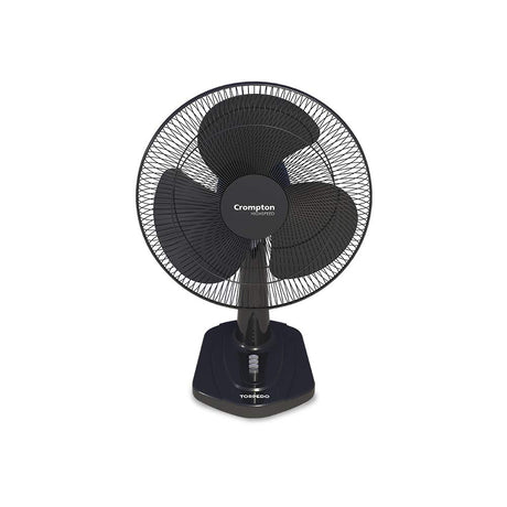 A black Crompton G1100 pedestal fan with a wire safety grille, three black blades, and a matching black base, shown against a plain white background.