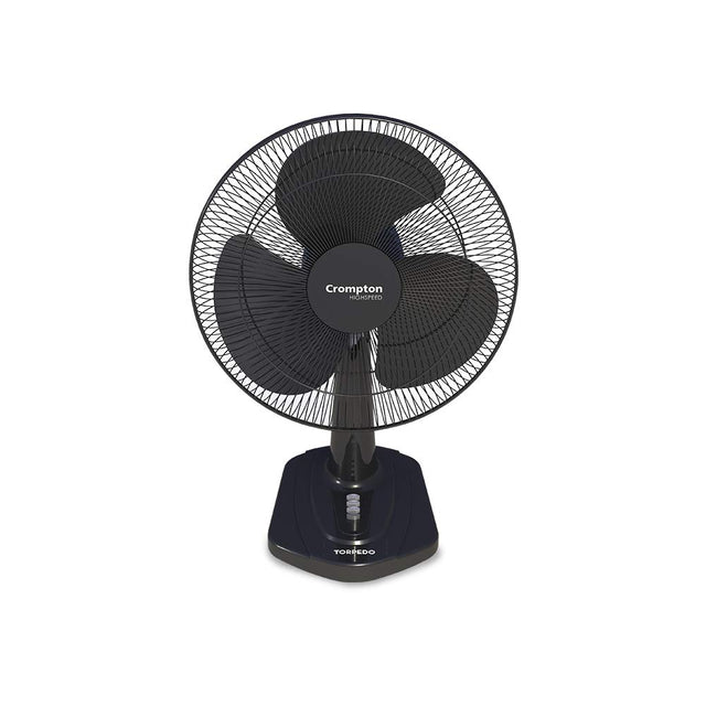 A black Crompton G1100 pedestal fan with a wire safety grille, three black blades, and a matching black base, shown against a plain white background.