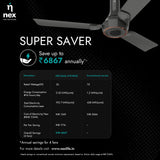 Advertisement for Nex ceiling fan with energy saving benefits on a black background