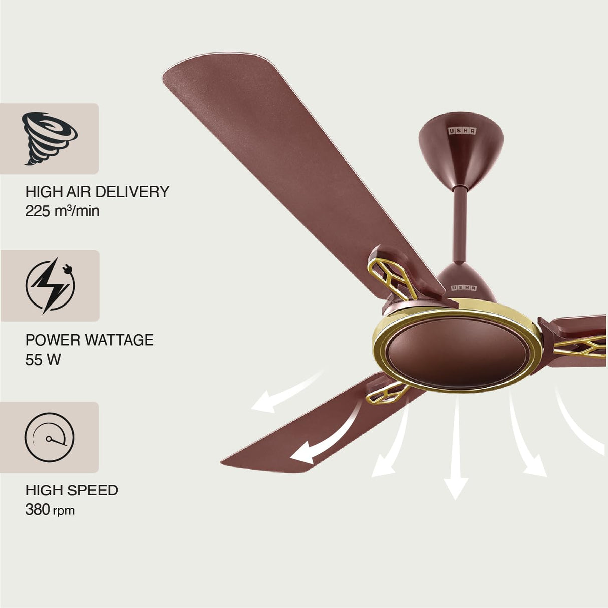 USHA Striker Neo 1200mm Energy Saving High Speed Decorative Ceiling Fan (Cocoa Bean)