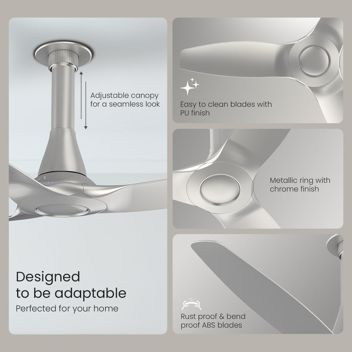 Ceiling fan with features highlighted on a gray background