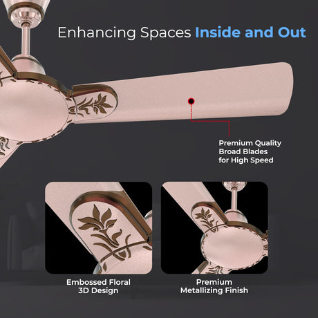 This ceiling fan's blades are designed with premium quality  broad blades for higj speed and has embossed Floral D design on it . 