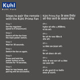 Instructions for pairing a remote with a Kühl Prima fan on a gray background