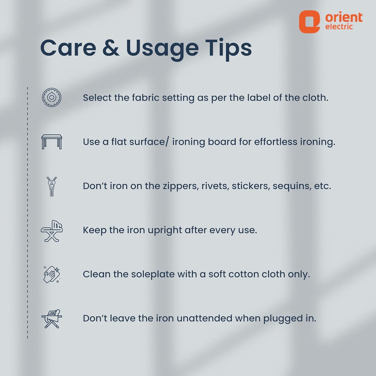 Care and usage tips for an iron with Orient Electric branding on a gray background