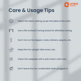 Care and usage tips for an iron with Orient Electric branding on a gray background