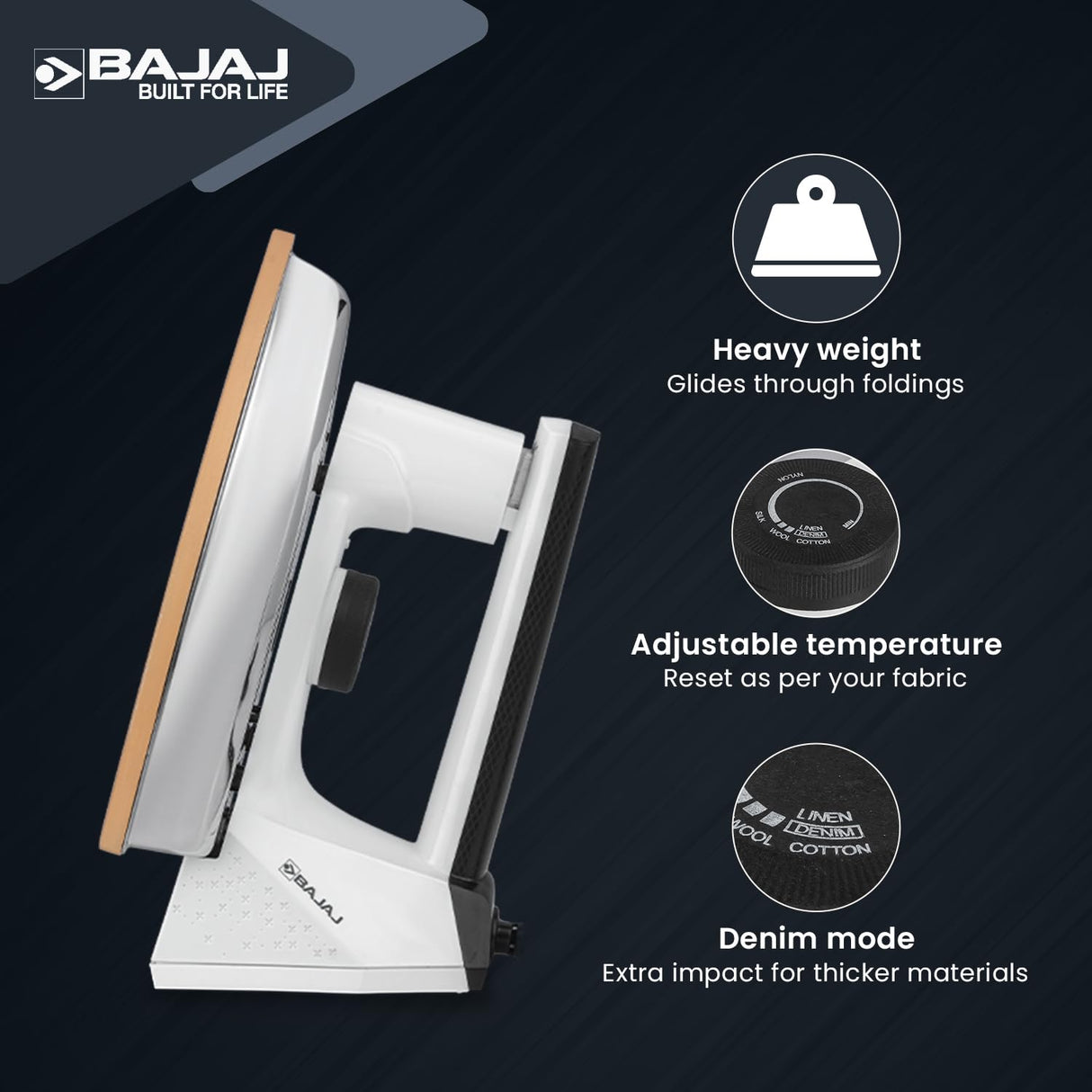 Bajaj Dx16 1100W Heavy Weight Dry Iron (White & Black)