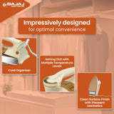 Advertisement for Bajaj iron with features highlighted on an orange background