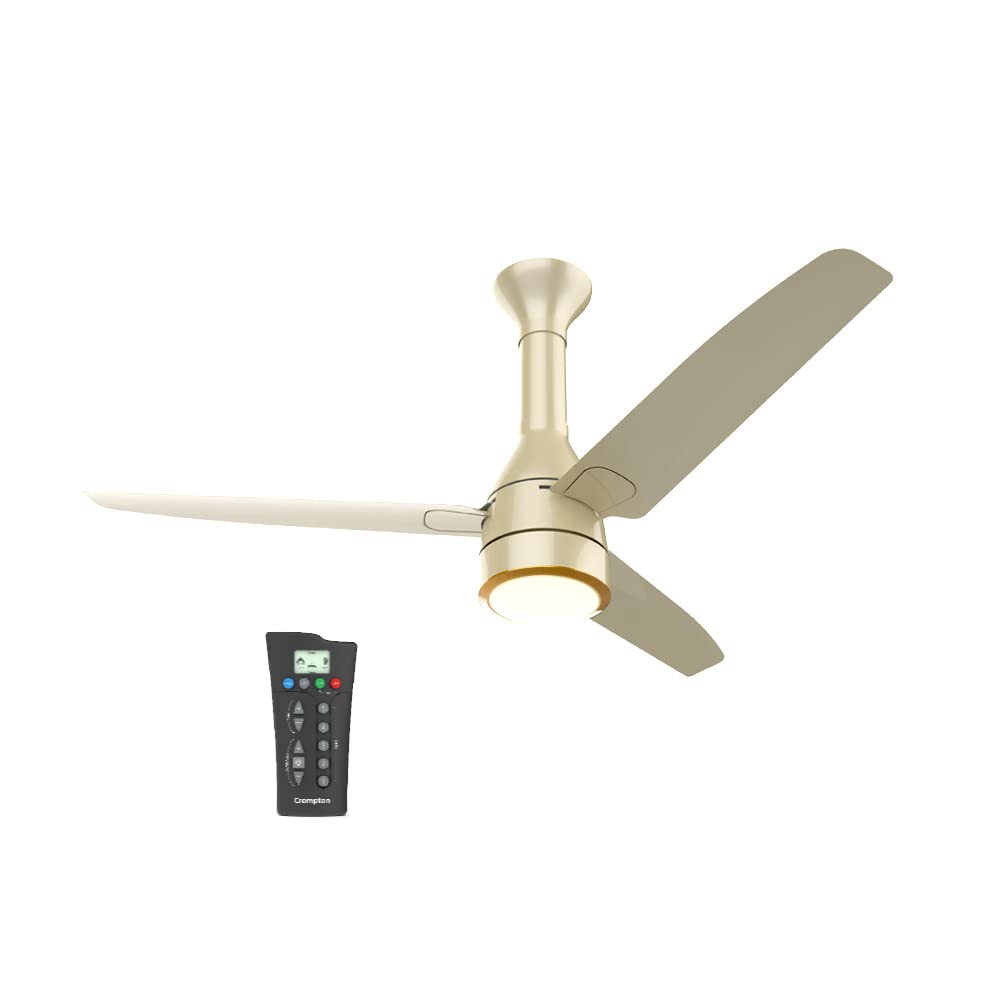 A champagne gold ceiling fan with three blades and an integrated underlight, accompanied by a remote control.