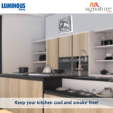 Modern kitchen with a ceiling fan, featuring Luminous and RR Signature brands.