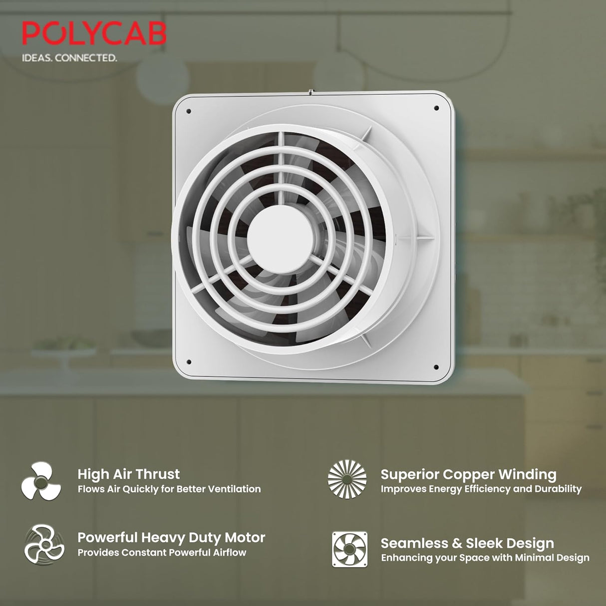 This Polycab Freshly Prime Exhaust fan has High Air thrust , Powerful heavy Duty Motor , Seamless & Sleek Deisgn with minimal design 
