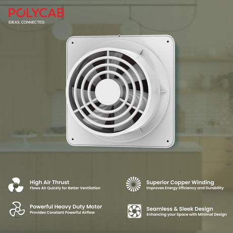 This Polycab Freshly Prime Exhaust fan has High Air thrust , Powerful heavy Duty Motor , Seamless & Sleek Deisgn with minimal design 