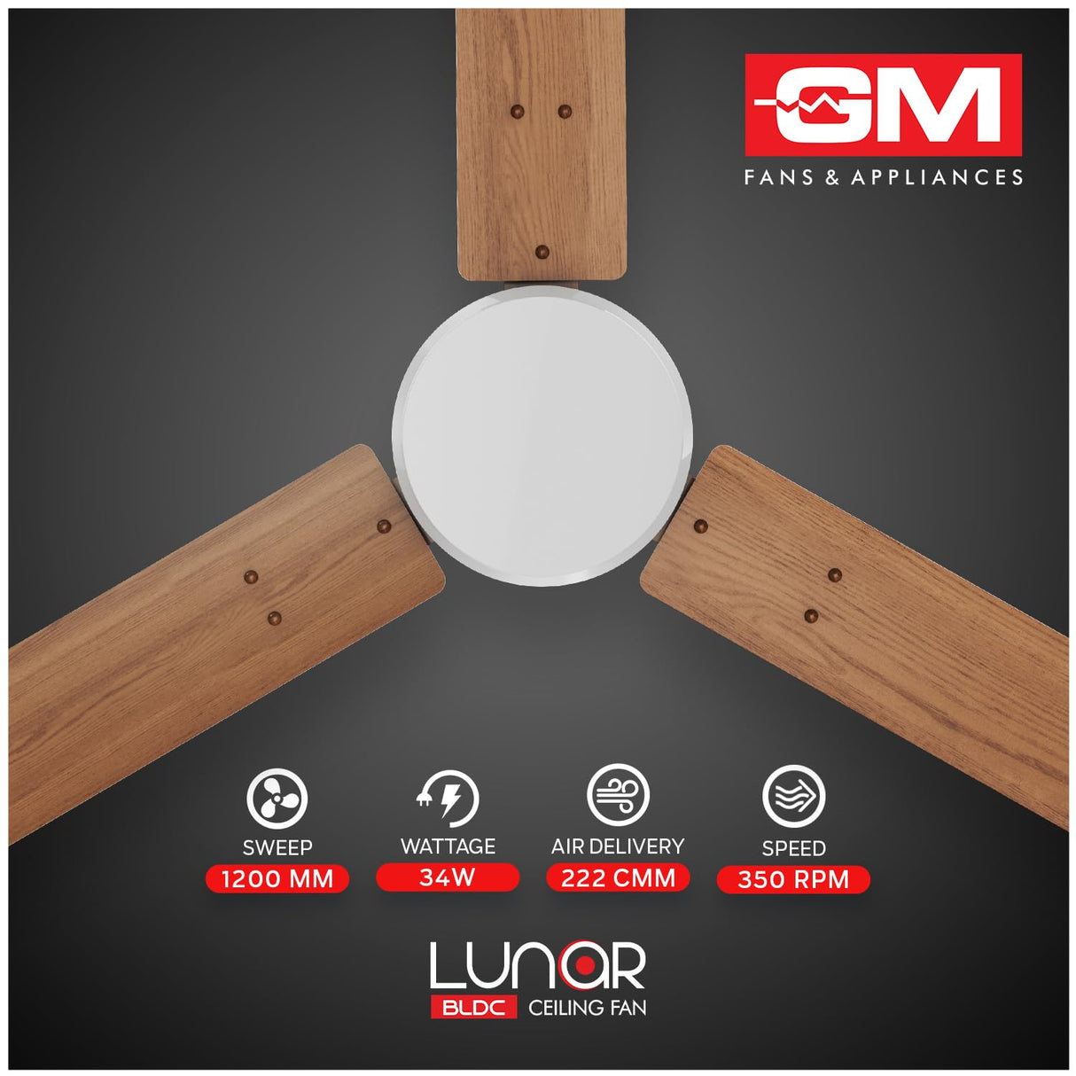 Ceiling fan with wooden blades on a dark background, featuring GM Fans & Appliances logo.