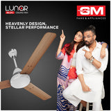 Advertisement for Lunar BLDC ceiling fan with a couple pointing at it, featuring GM Fans & Appliances logo.