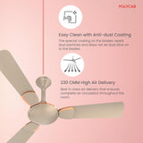 Ceiling fan with anti-dust coating and high air delivery features on a pink background