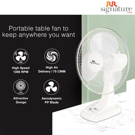 Portable table fan with features listed on a black background, RR Signature brand visible.
