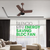 Ceiling fan in a modern living room with text 'Silencio Mini Energy Saving BLDC Fan'.
