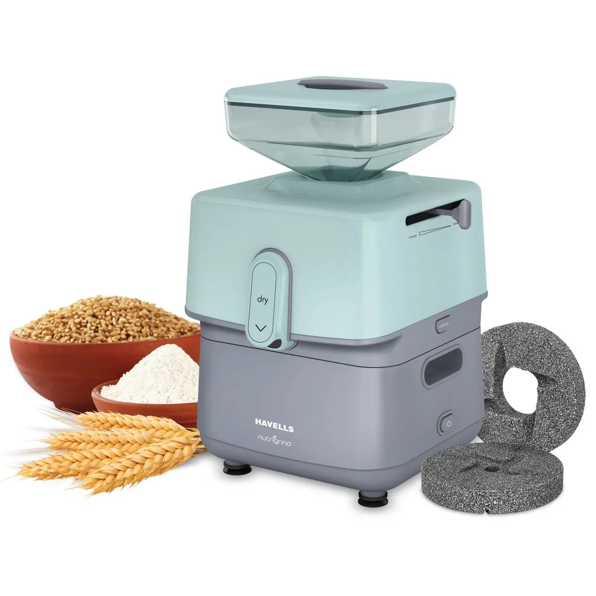 Mint green grain grinder with bowls of grains and wheat stalks on a white background
