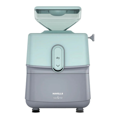 Havells NutriGrind Atta Mill with a light blue top and gray base on a white background