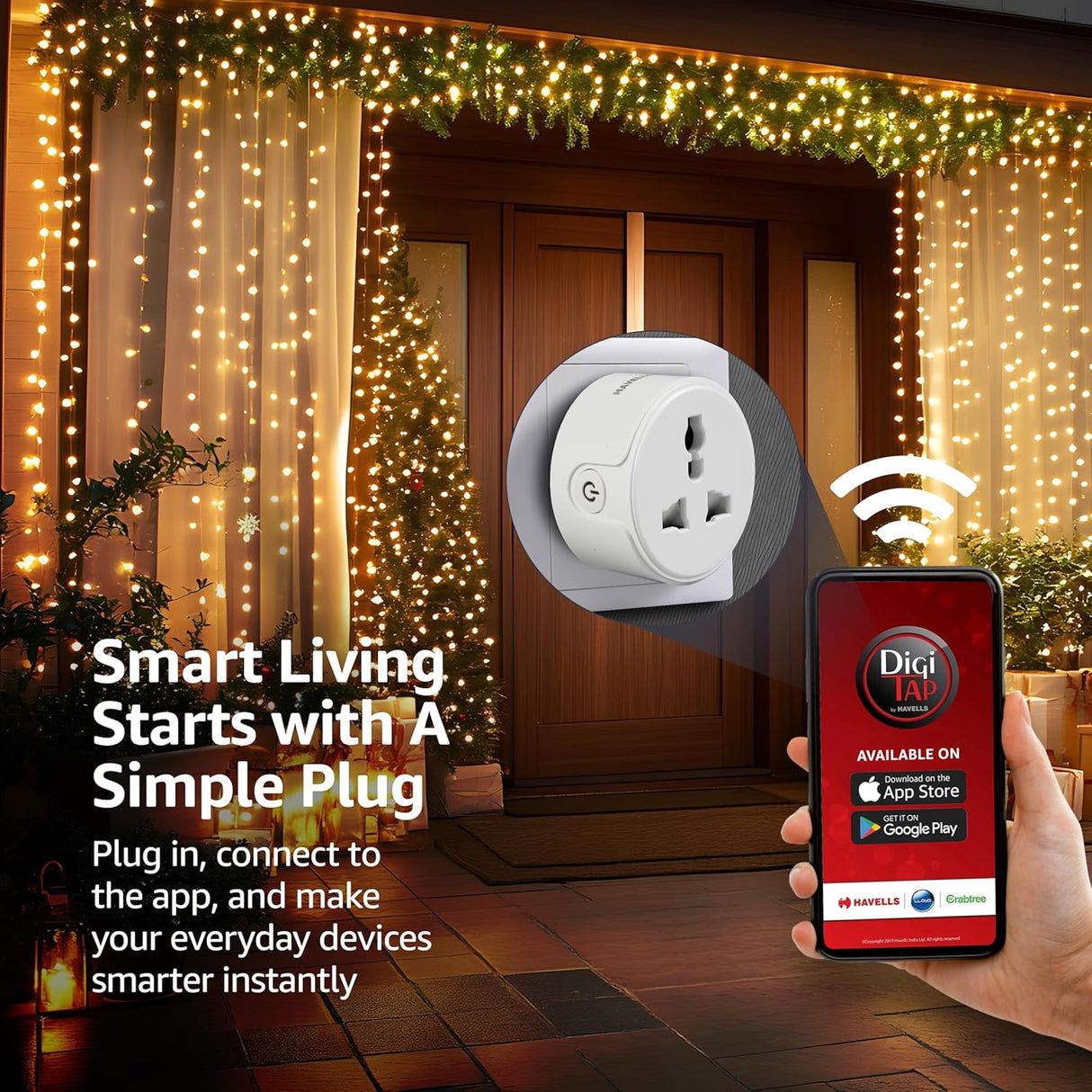 Havells 10A Smart Wi-Fi Socket with Voice Control & Energy Monitoring (White)