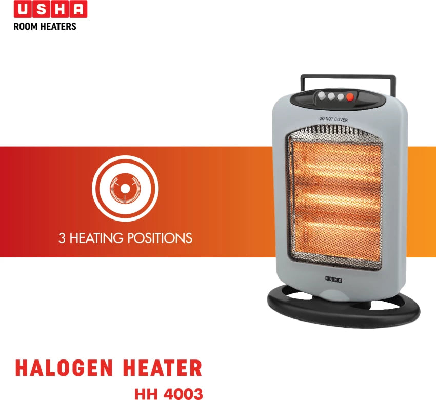 USHA 4003 1200Watt 3 Rod Halogen Heater with Auto Oscillation Feature (Grey)