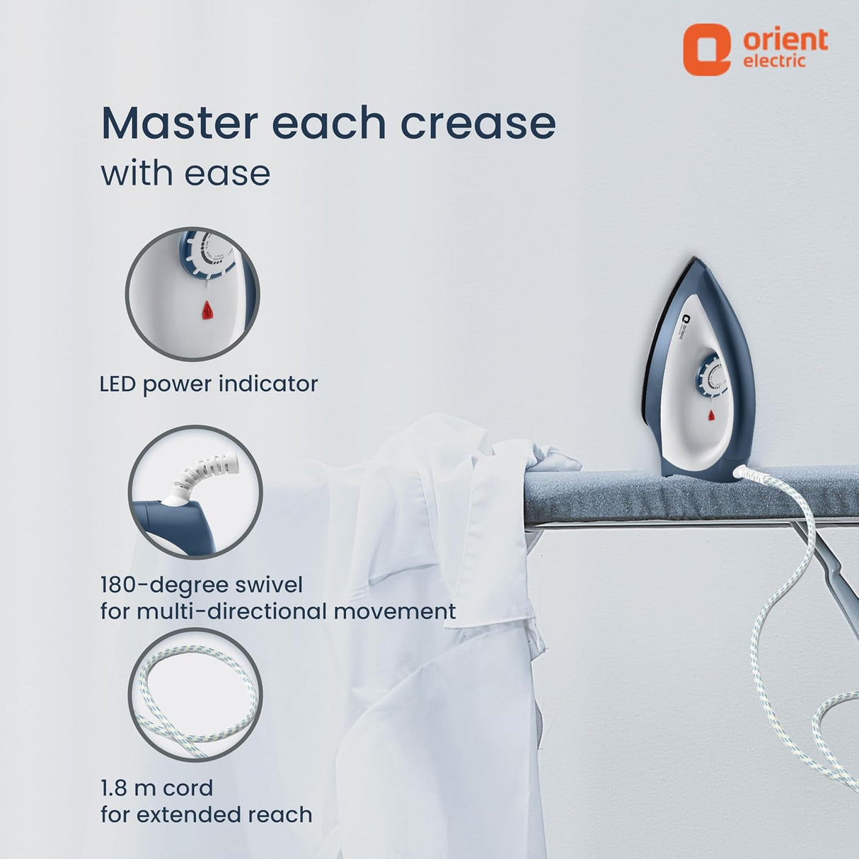 Orient Electric iron with features highlighted on a light gray background