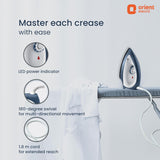 Orient Electric iron with features highlighted on a light gray background