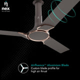 Ceiling fan with 'nex' branding and airfluence aluminium blade feature on a dark background