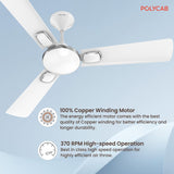 Ceiling fan with POLYCAB branding and product features on a light blue background