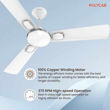 Ceiling fan with POLYCAB branding and product features on a light blue background