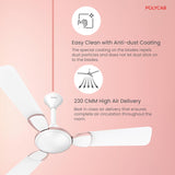 Ceiling fan with anti-dust coating and high air delivery features on a pink background