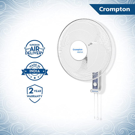 Crompton wall-mounted fan with brand logo and feature badges on a light blue background