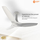 Ceiling fan with Aerodynamic blades on a white background, featuring Orient Electric logo.