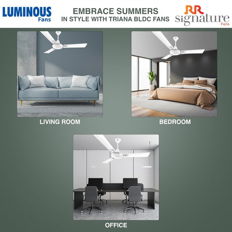Advertisement for Luminous Triana BLDC fans in living room, bedroom, and office settings with RR Signature Fans branding.