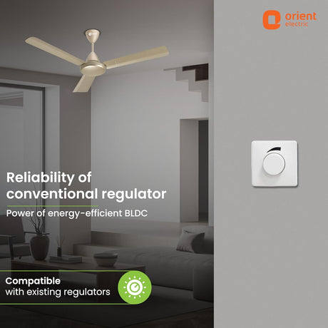 Modern living room with a ceiling fan and energy-efficient BLDC regulator, Orient Electric branding visible.