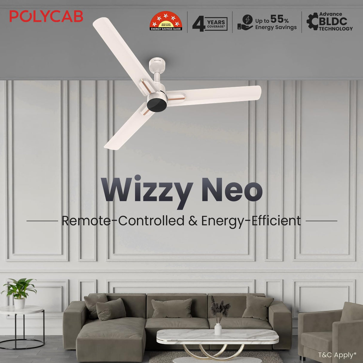 Polycab Wizzy Neo 1200mm 5-Star BLDC Ceiling fan with remote (Beige Rose gold)