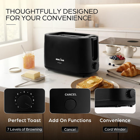 Black Kenstar Toaster Pro 4-slice toaster shown on a kitchen countertop with toast, butter, fruit, and coffee cups around it. Large text at top reads 'THOUGHTFULLY DESIGNED FOR YOUR CONVENIENCE,' and three inset feature panels at the bottom highlight adjustable browning, cancel function, and cord winder.