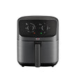 A digital air fryer in a dark gray brushed metal finish with a black control panel featuring two rotary dials and small red and green indicator lights. The brand name 'KUMARA' is visible on the front below the panel.
