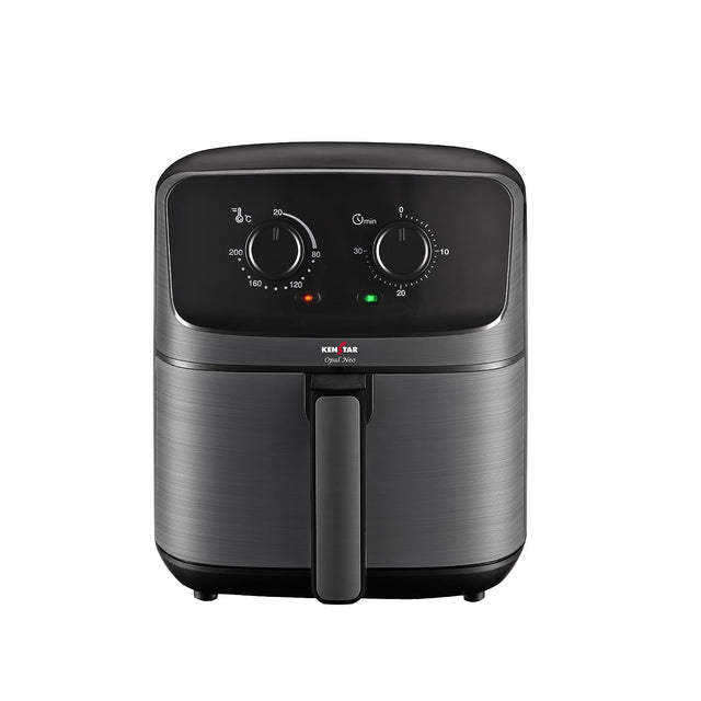 A digital air fryer in a dark gray brushed metal finish with a black control panel featuring two rotary dials and small red and green indicator lights. The brand name 'KUMARA' is visible on the front below the panel.