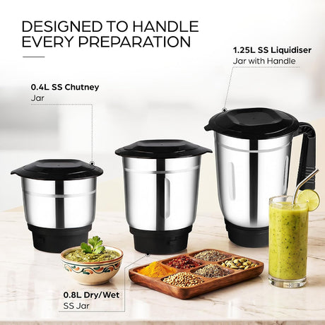 This Mixer grinder has 3 jars with 0.4L SS Chutney jar , 0.8L Dry/Wet jar and 1.25L SS Liquidiser jar with handle 